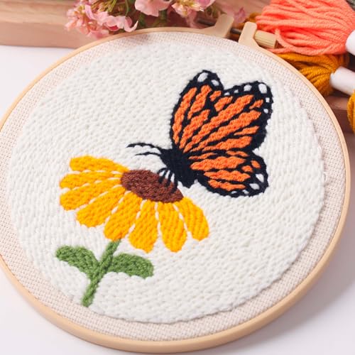 Image of 3Sets Punch Needle Kit for Adults Beginners,Bee & Butterfly Flowers Embroidery Kit,Includes Punch Needle Tool, Embroidery Hoop, Yarn,Fabric,Supplies, DIY Art & Crafts for Women & Girls