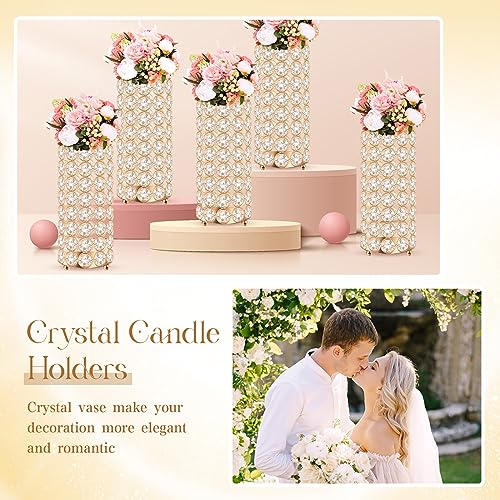 Dandat 8 Pcs Crystal Flower Vase for Wedding Table Centerpieces 7.87 in Crystal Pillar Candle Holder Metal Cylinder Flower Vase Stand for Christmas Wedding Decor Gifts Arrangement Event(Gold) - Image 5