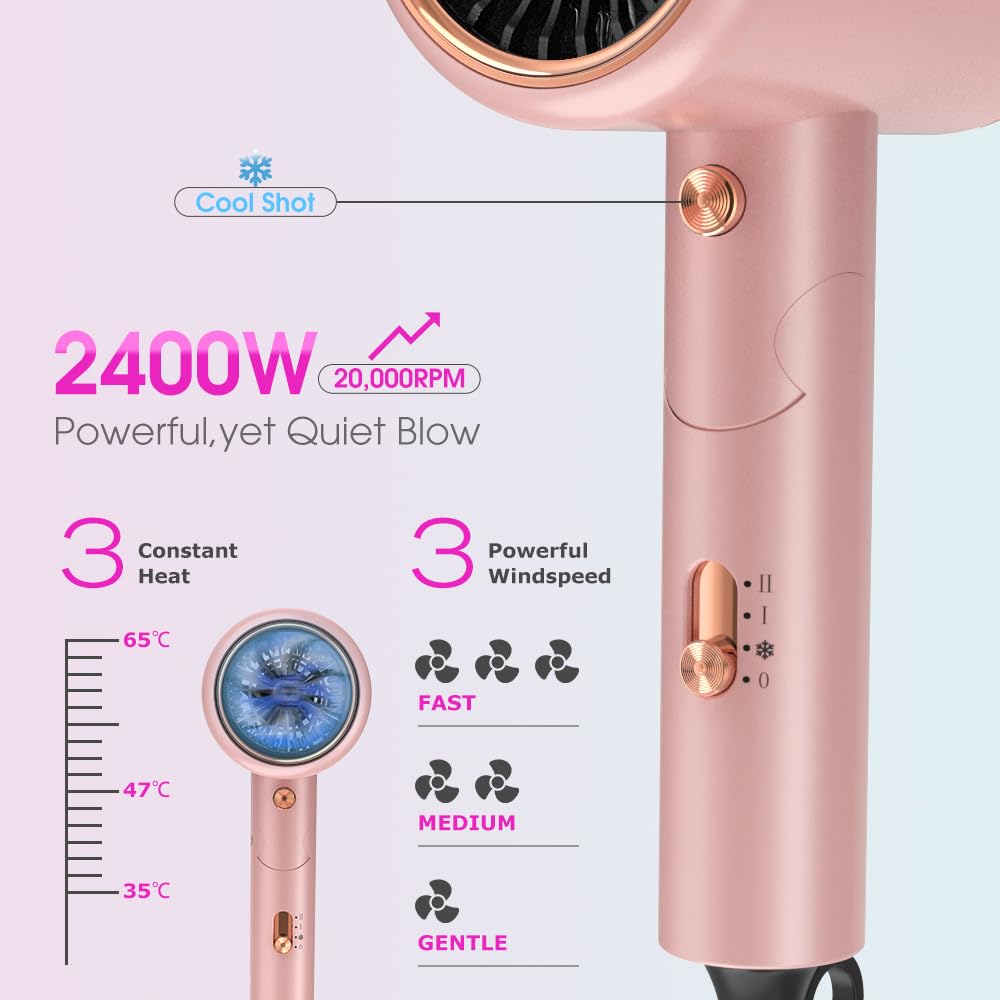 Asciugacapelli ionico 2400W con Borsa da viaggio [Leggero, alta velocità & pieghevole] Set per Acconciature con Concentratore/Diffusore/Pettine per volume, Phon Capelli a Temperatura Costante