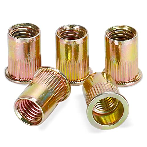 Boyiksh R-003 Rivet Nut, 100 Pieces 3/8-16Unc Carbon Steel Flat Head Rivnut Threaded Insert Nut,Yellow Zinc Plating… cover