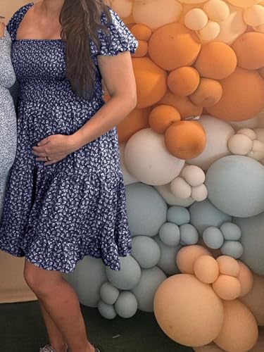 Image of Veatzaer Women's Puff Sleeve Square Neck Smocked Babydoll Dress Boho Floral Print Off Shoulder Ruffle Mini Short Dress