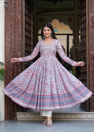 Image of Cotton Anarkali Shiffly Work with Floral Printed Anarkali Kurta Pant with Dupatta