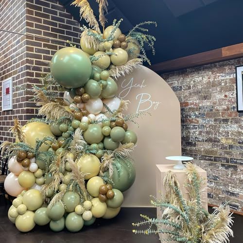 Image of PartyWoo Sage Green Balloons 100pcs 12 Inch Metallic Gold Sand White Gold Confetti Balloons for Baby Shower Gender Reveal Wedding Engagement Jungle Woodland Forest Birthday Party Decorations
