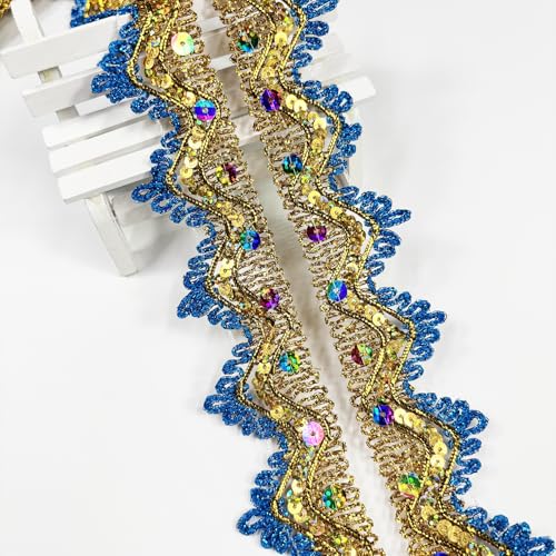 Length14 Yards Width4cm/1.97Inch, Blue Sequin Trim Craft Ribbon Decorated Gimp Trim for Wedding Bridal, Performance Costumes or Jewelry, Crafts and Sewing （Blue/Colorful Sequins）