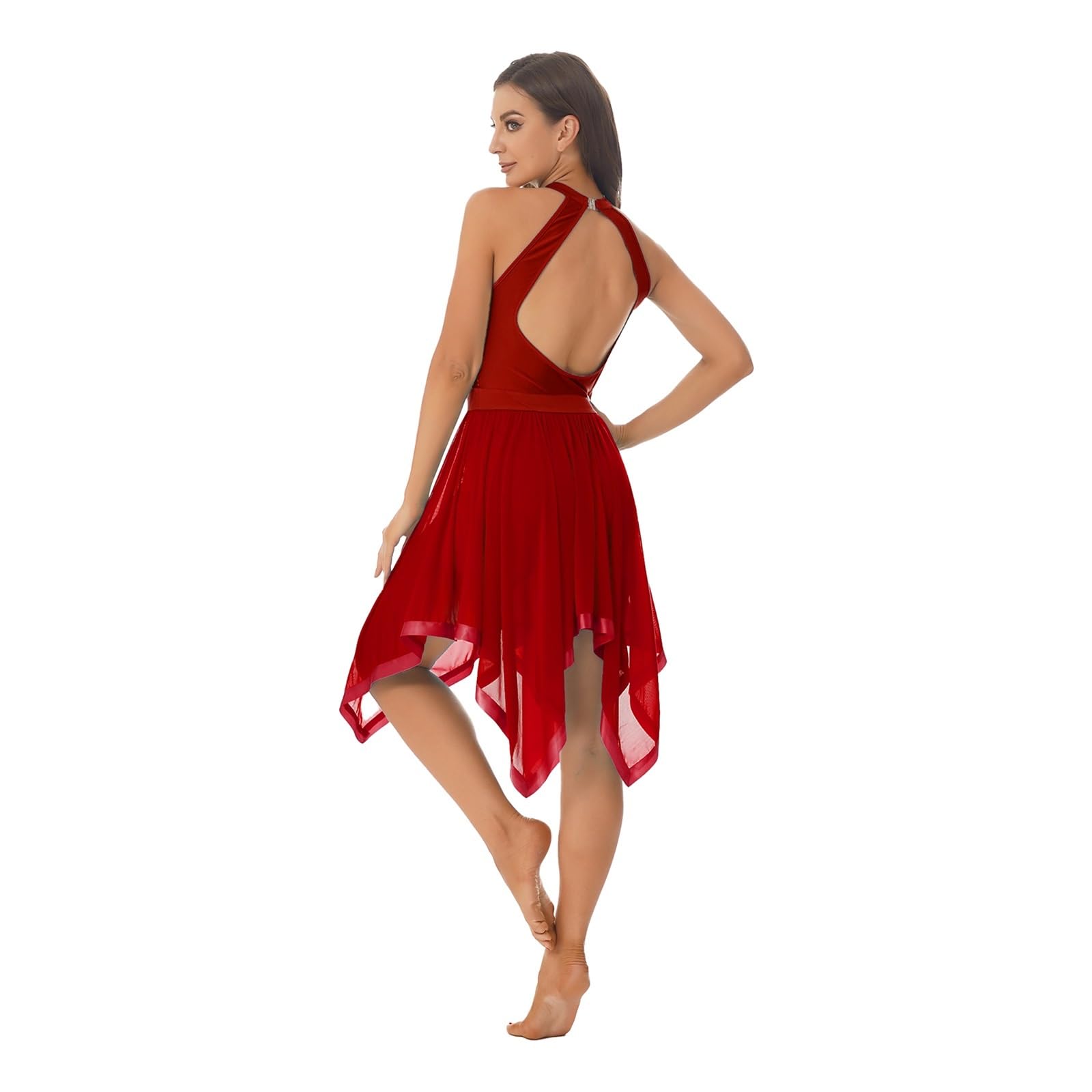Vestido De Danza LíRica Moderno Vestido de Baile contemporáneo Moderno de Jazz de Malla asimétrica con Lentejuelas y Cuello Halter sin Mangas for Mujer