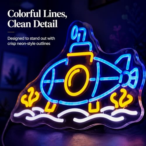 Image of Submarine Neon Sign, RGB Color Changing, 16.5 inch x 10.7 inchIN | LED Underwater Sub Light, USB Powered, Wall Decor, Gamer Room Aesthetic, Boys Bedroom & Man Cave