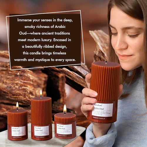 Image of ASIAN AURA Ribbed Pillar Candles - Pack of 3 | Scented Candles for Home Decor, Gifting & Festive Use | Long Burn time up to 36hrs | Clean-Burning Wax & Smokeless Flame (Arabic Oud)