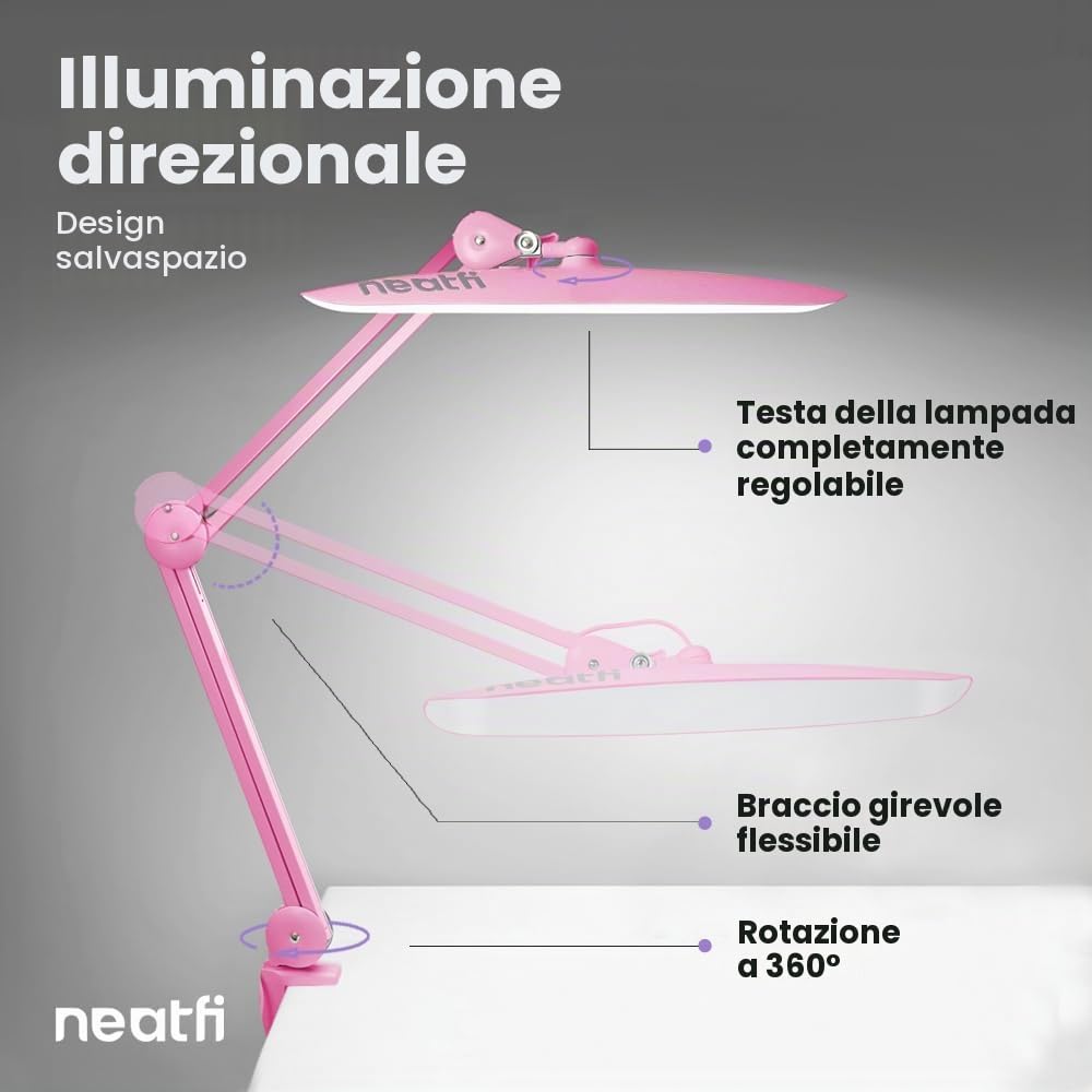 Neatfi XL Lampada da Scrivania LED 2200 Lumen 24W con Morsetto – Illuminazione Senza Ombre | 4 Livelli di Intensità | Ufficio Domestico e Hobby | Testa Larga 50 cm (Rosa, Non-CCT con morsetto)
