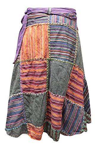 Shopoholic Fashion Wrap Round Hippie Festival Knee Length Patchwork Boho Long Skirt Multicoloured2