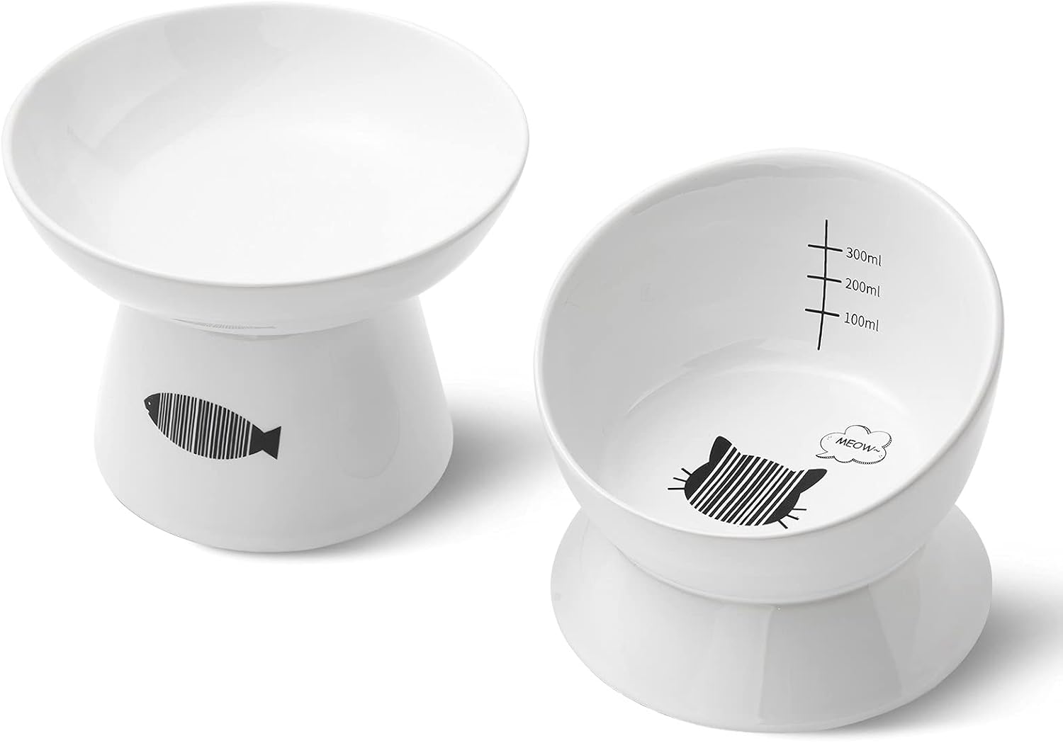Yangbaga Cat Food and Water Bowls Pack of 2, 1 with Flat Open and 1 with Slanted Open, Easy to Clean Raised Ceramic Cat Bowls,…