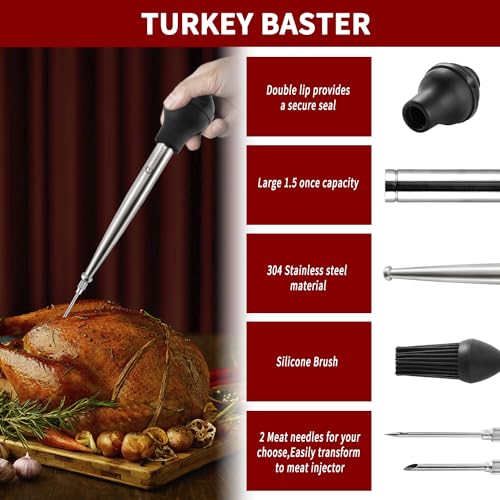 JY COOKMENT Stainless Steel Turkey Baster Baster Syringe for Cooking Meat Injector Set with 2 Marinade Needles 1 Basting Brush1 Cleaning Brush for Home Baking Kitchen Tool,2023 UPDATE