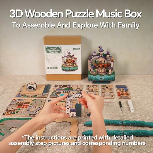 Image of Tonecheer Wooden Music Box Puzzle for Adults,DIY Rotating Music Box Kit 3D Creative Musical Puzzle Crafts Model Building Kits Desk Decor for Teens Kids Birthday Gift (Magical Castle)