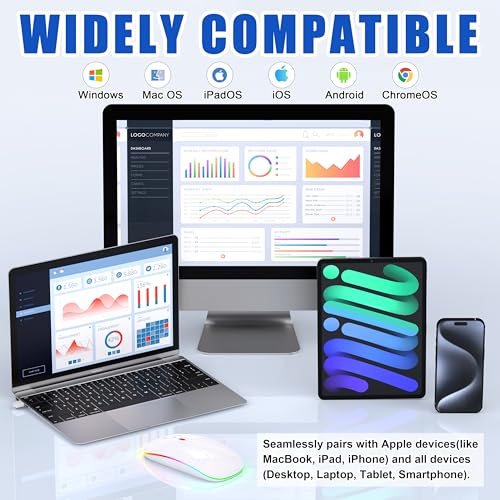 Image of Gizdot-R1 LED Mouse for MacBook Air /iPad /Laptop, Bluetooth Rechargeable Silent Mouse with USB-C, Built-in Mouse Jiggler, 4-Mode Wireless Mouse Compatible with macOS /iOS /Windows /Android