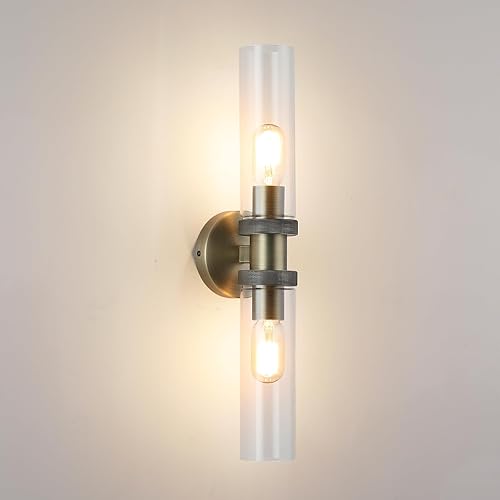 2 Light Bathroom Vanity Light Brushed Bronze, E26 Bathroom Light Fixtures Side Mirror,Hallway Vanity Lights Fixtures, Modern Wall Lamp for Bedroom with Glass Shade