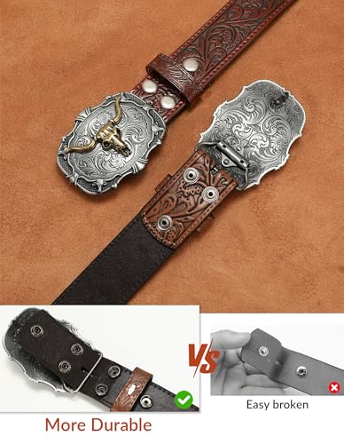 SANSTHS 2 Pack Cowboy Western Belt Strap with a Buckle, Men Women Embossed Cowboy Cowgirl Belt Strap for Jeans Gifts4
