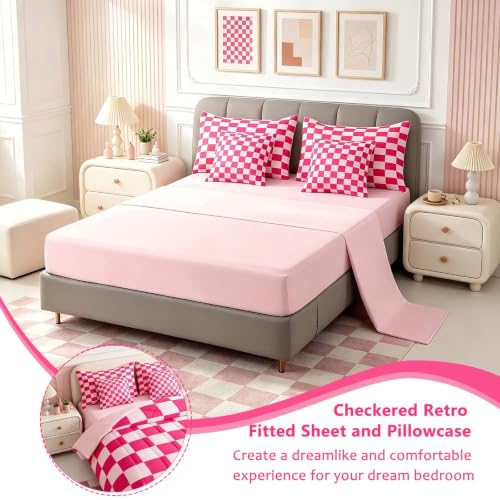 Image of Feelyou Checkered 7 Piece Bedding Set Teen Women Boho Modern Cute Aesthetic Decorative Girly Comforter Set with Sheets Full Size Kids Boys Geometric Chic Bed in a Bag Pink White Plaid Room Decor