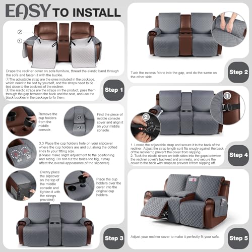Image of KinCam 100% Waterproof Recliner Loveseat Cover with Console, Non-Slip Reclining Couch Covers for 2 Seat, Recliner Sofa Cover Furniture Protector with Elastic Straps for Kids, Pets, Dark Gray