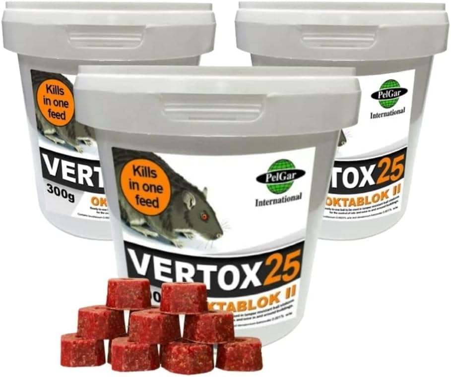 Rat Mouse Mice Killer Single Feed Brodifacoum Poison Bait Fast Acting Blocks All Weather Cost Effective Rodent Control VERTOX 25 OKTABLOK II 300g Tub (Pack of 3)