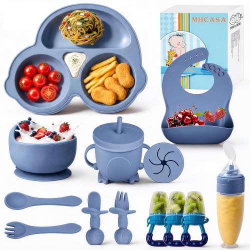 Silicone Baby Feeding Set,Miicasa Baby Led Weaning Supplies Kit With Suction Bowl &amp; Car Plate, Bib, Spoon, Fork, Cup - Food-Grade Silicone, Dishwasher-Safe, No BPAs - For 3+ Months
