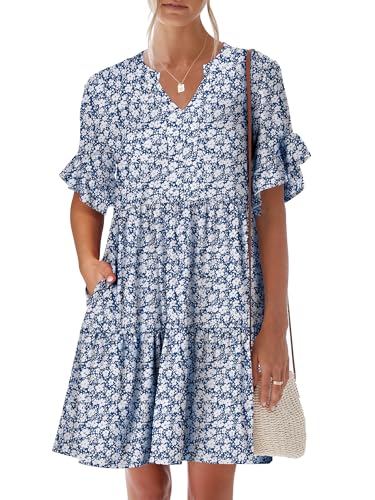 Image of ANRABESS Women's Summer Casual Dress, V-Neck Ruffle Sleeve Tiered Mini Dress, Soft Comfy Fabric with Pockets for All-Day Wear