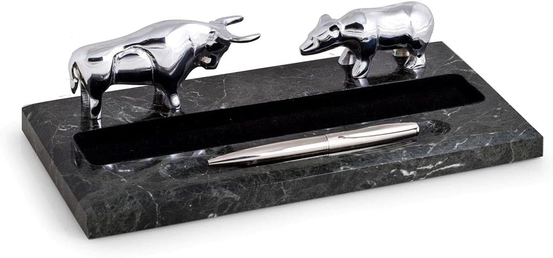 Sale - Silver Bull & Bear Pen Holder On Marble