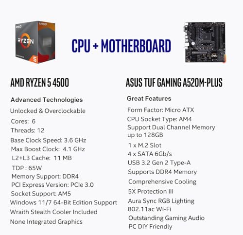 Image of Micro Center AMD Ryzen 5 4500 Desktop Processor with ASUS TUF Gaming A520M-PLUS (WiFi) AM4 microATX Motherboard (M.2 Support, 802.11ac Wi-Fi, DisplayPort, HDMI)
