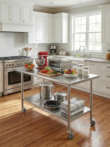 Image of Atelicf All-Stainless Steel Prep Table, 24 X 48 Inches, with Casters and Adjustable Undershelf, Heavy-Duty Build for Outdoor Use,Restaurants,Hotels,Workshops,Kitchens,Gardens, and Garages