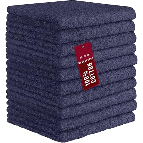 Image of DecorRack 10 Pack 100% Cotton Wash Cloth, Luxurious Soft, 12 x 12 inch Ultra Absorbent, Machine Washable Washcloths, Imperial Blue (10 Pack)