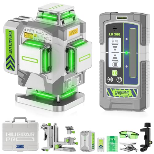 Huepar Pro Niveau Laser Auto-nivelant 4 x 360° Outil de Niveaux Laser de Haute Précision, Niveau Laser Vert Pour la Construction, Batterie Li-ion Rechargeable 8000mAh, Télécommande