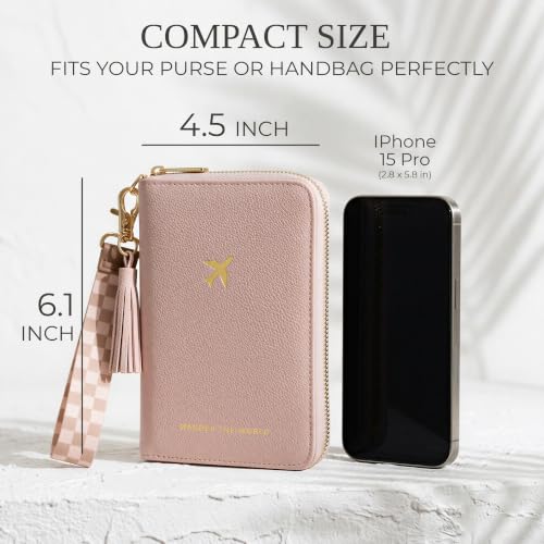Image of Stylish Passport Holder for Travel with Detachable Wristlet Strap, Pink, 6.4 x 4.6 x 0.7 inches, Modern | All-in-one Travel Wallet Organizer for Women - Secure Money Belt Alternative with Card Slots and Tassel Keychain