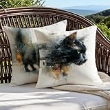 Funda Cojin 55x55 Gato Cojines Exterior Lino Negro Fundas para Almohadas con Cremallera Oculta, Cojines Decorativos para Sofá Silla Patio Jardín Terraza Otoño, Regalos Mujeres, Juego de 2 1B-392