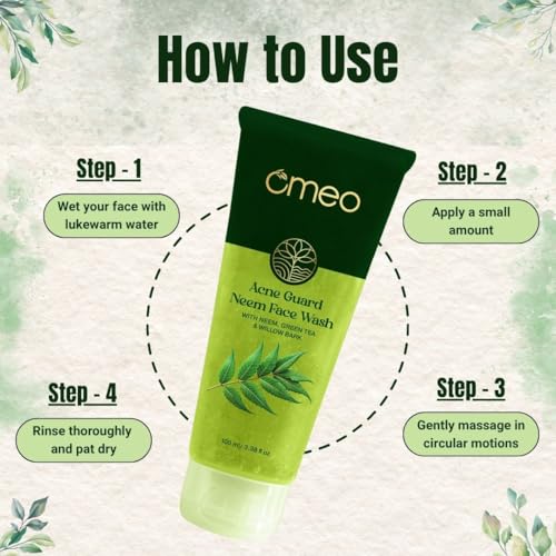 Image of Omeo Acne Guard Neem Face Wash 100ml Controls Pimple, Acne, Oil & Blackhead | With Neem, Green Tea, Willow Bark & Salicylic Acid | All Skin Types, Recommended by Dermatologist - Men & Women
