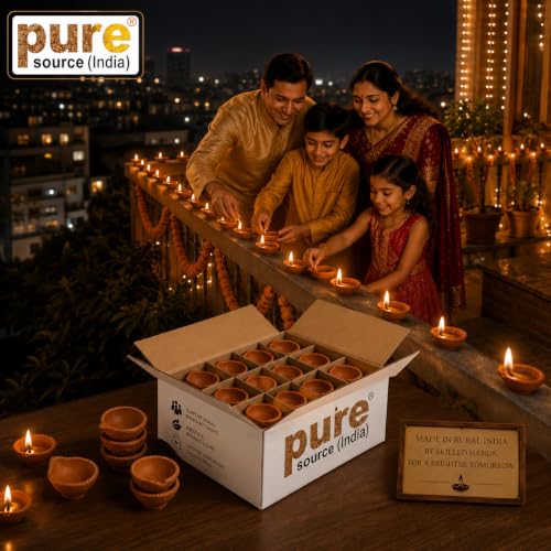 Image of Pure Source India Natural Clay Traditional Diwali Ke Diye | Earthen Clay Diya | Mitti Ka Diva | Diyas for Pooja (24pcs)