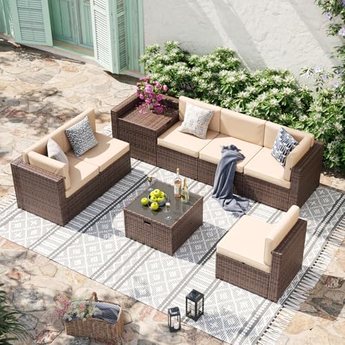 Aoxun 8 Piece Patio Furniture Set, Wicker Outdoor Furniture Set with Storage Box and Glass Top Table, Patio Sectional Set with Thickened Cushions and Include Waterproof Cover (Brown & Khaki)