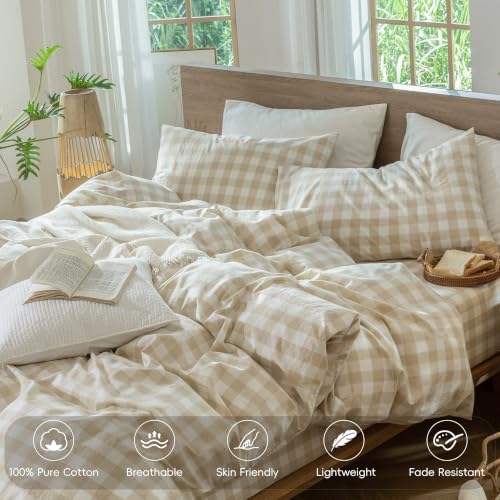 Image of MooMee Gingham Duvet Cover Set 100% Washed Cotton Linen Like