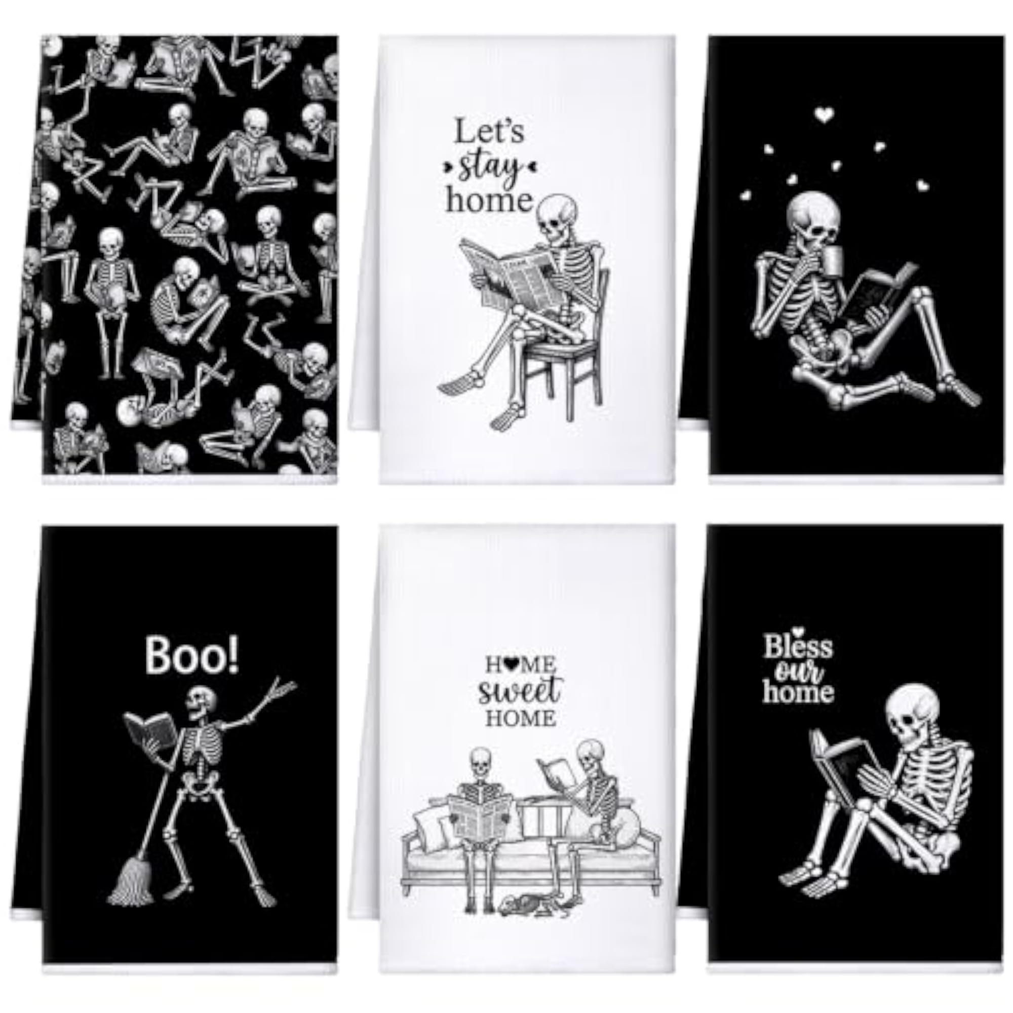 Set of 6 Gothic Kitchen Towels, Spooky Decor