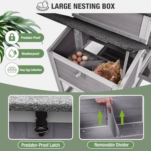 Image of Mobile Chicken Coop with Run, Large Outdoor Wooden Poultry Cage Hen House with Wheels, Nesting Box, Pull-Out Tray, Waterproof Roof, Grey, 79.1 inch L x 25.2 inch W x 43.6 inch H, for 4-6 Chickens