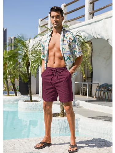 Image of RQP Mens Cotton Linen Shorts Casual Drawstring 7inch Inseam Shorts Stretch Summer Beach Wear