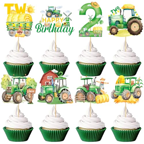 40Pcs Tractor Party Decorations Cupcake Toppers - Farmer Tractors Themed Cake Topper Decor, Happy Birthday Cupcakes Picks for Boys Girls Farmhouse 2nd Birthday Parties Decoration