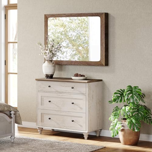 Image of WAMPAT Baby Dresser for Bedroom with 3 Drawers, Kids Dressers with Wide Chest of Drawers, Farmhouse Wooden Closet Storage Organizer, Small Dressers for Living Room, Nursery, Hallway, Rustic White