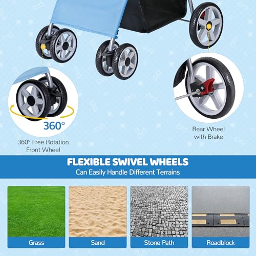 Image of ZENY Foldable Pet Stroller, Cat /Dog Stroller with 4 Wheel, Pet Travel Carrier Strolling Cart with Storage Basket, Cup Holder (Blue)