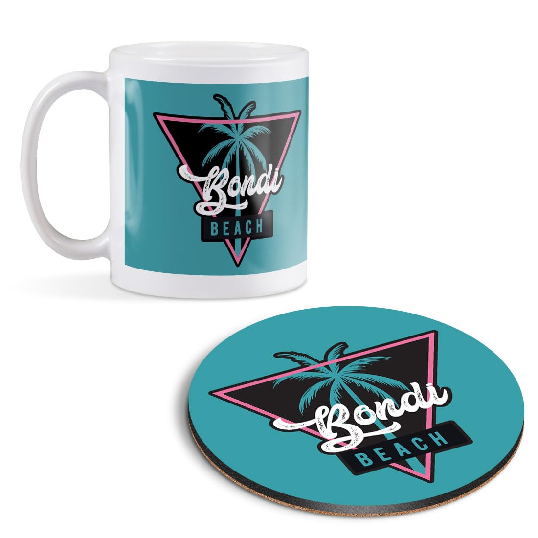Destination Vinyl Ltd1 White Ceramic Mug Cup (11oz / 284ml) with 1 Round Wooden Cork Coaster Bondi Beach Palm Tree Summer Matching Set for Coffee Tea Drinks Kitchen #60291