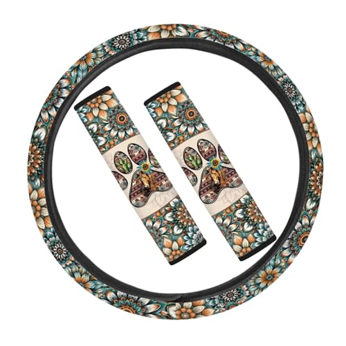JOAIFO 3 PCS Car Steering Wheel Cover Boho Paw Print Seatbelt Covers, Mandala Flower Car Seat Belt Cover Pads Stretch Steering Wheel Protector Universal Fit Adds Fun to Your Car Interior