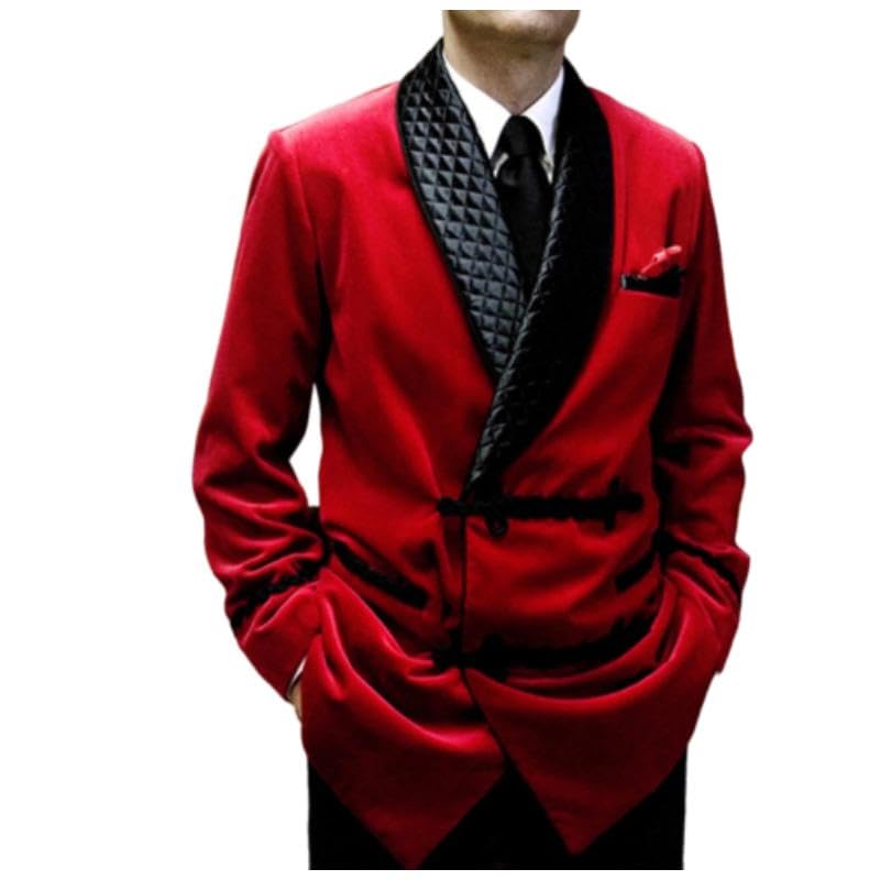 Men Smoking Jacket Red Velvet Quilted Blazer