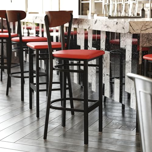 Image of Flash Furniture Wright Set of 2 Commercial Barstools - Walnut Wood Boomerang Back - Red Vinyl Seat - 500 LB. Capacity Black Steel Frame - Integrated Footrest