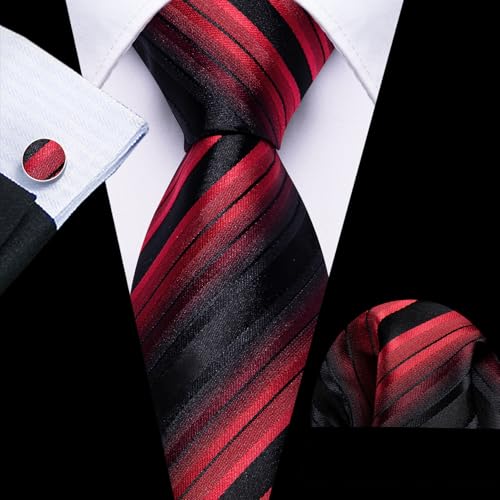 Image of Barry.Wang Man Stripe Ties Set Silk Woven Pocket Square Necktie Cufflinks Formal Party Business