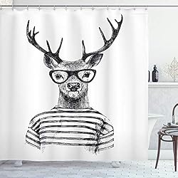 ABAKUHAUS Ciervo Cortina de Baño, Humano con Cabeza de Ciervo Bien Vestido Estilo Hipster Gafas Camisa Rayada, Material Resistente al Agua Durable Estampa Digital, 175 x 180 cm, Gris Carbón