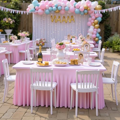 Image of Outpain 6ft Spandex Table Cloth for Standard Folding Tables-4Pack Baby Pink Table Cloth Table Protector for Party, Wedding, Cocktail, Banquet, Festival