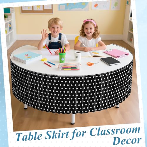 Image of 9FT Black Base White Polka Dots Table Skirt Ruffle Teacher Desk Skirt for Classroom Table Cover Skirts for Kidney Shaped Desk Back to School Party Decorations Kindergarten Office Bookcase Cabinet