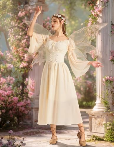 Scarlet Darkness Renaissance Costume Women Off Shoulder Corset Dress Long Sleeve Fairy Maxi Dresses Oyster White M — view 5